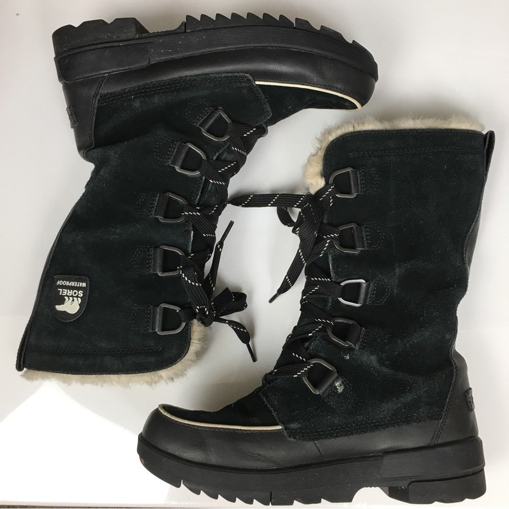 Sorel Tivoli Tall Waterproof Out Dry Boots Black Suede Faux Fur Lining Size 10.5 - Picture 14 of 16